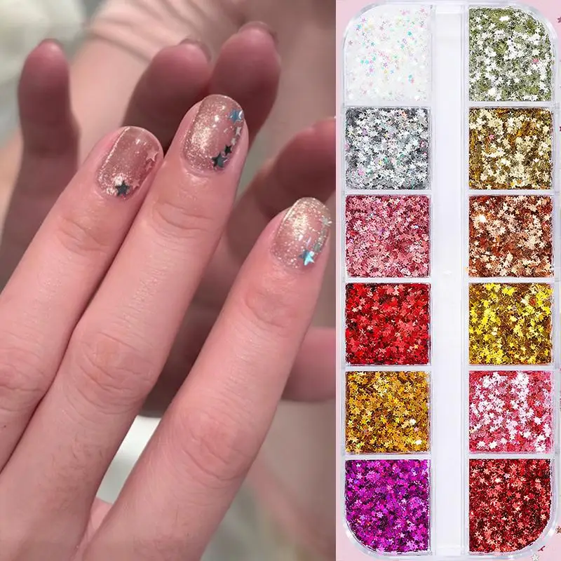 12 그리드 믹스 스타 하트 네일 글리터 1mm 스타 스팽글 네일 아트 DIY 화려한 반짝이 네일 참 네일 장식 액세서리