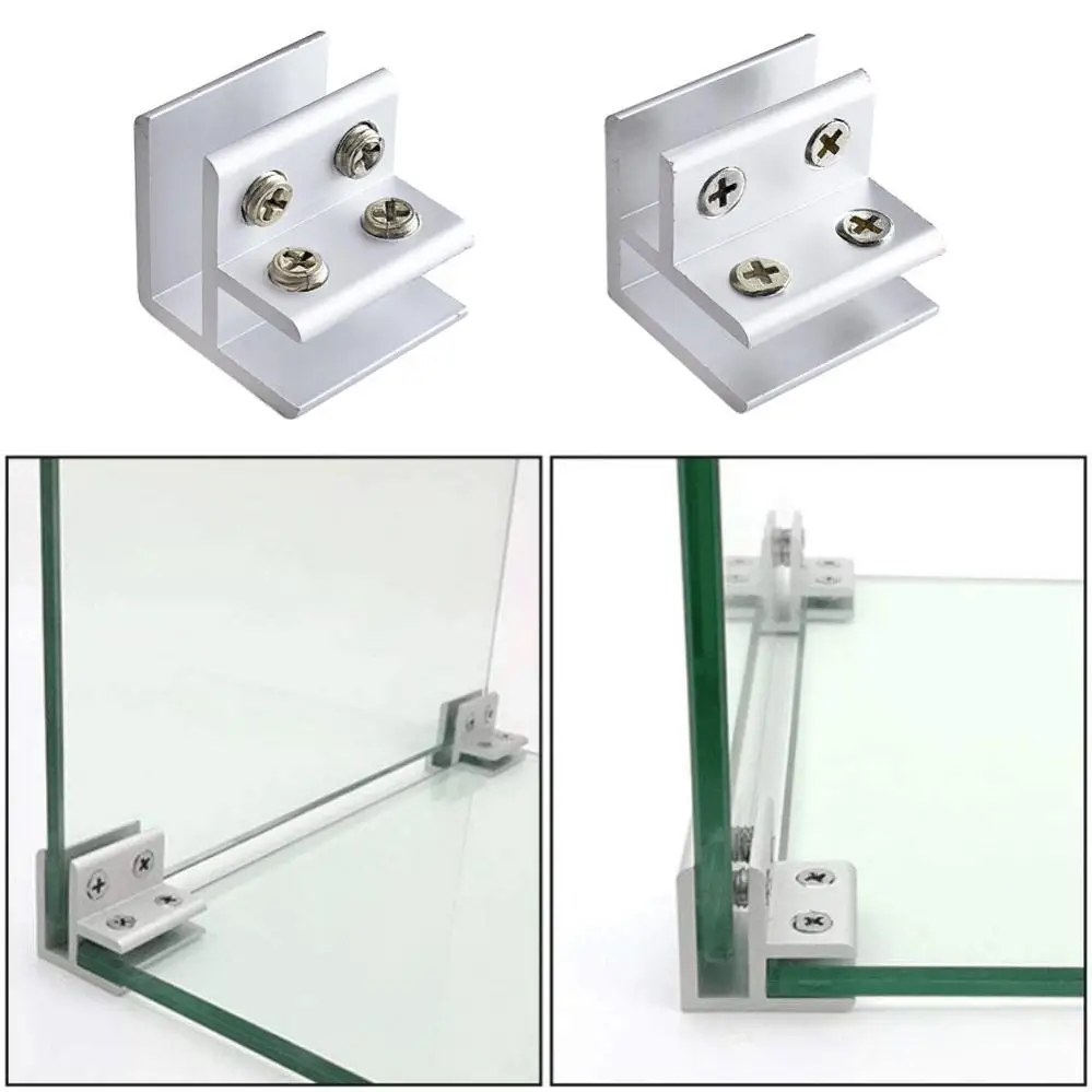 Cabinet Backplates 90 Degree Glass Clip Adjustable Aluminum Alloy Glass Support Bracket 2 Sides for Display Cabinets