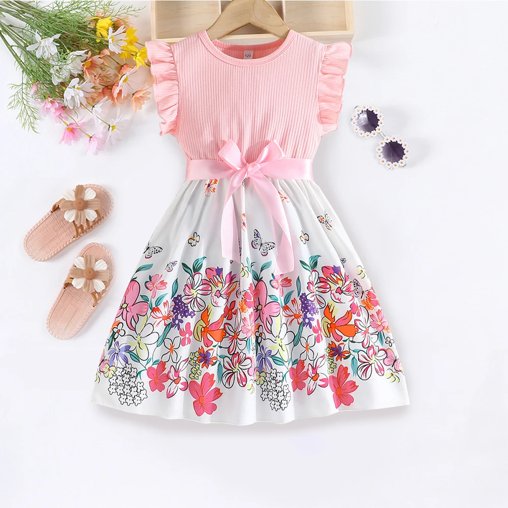 Girls Dress Princess Costume 3-10Y Baby Girl Floral Summer Knit Flying Sleeve Dress