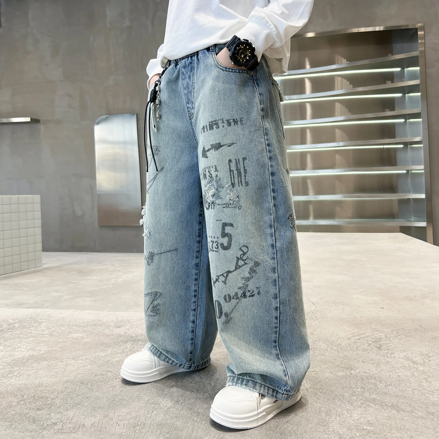 키즈 봄 스트리트웨어 Y2K 힙합 레터 프린트 루즈핏 청바지 남아 패션 레트로 뉴 트렌드 데님 팬츠 아동 청바지