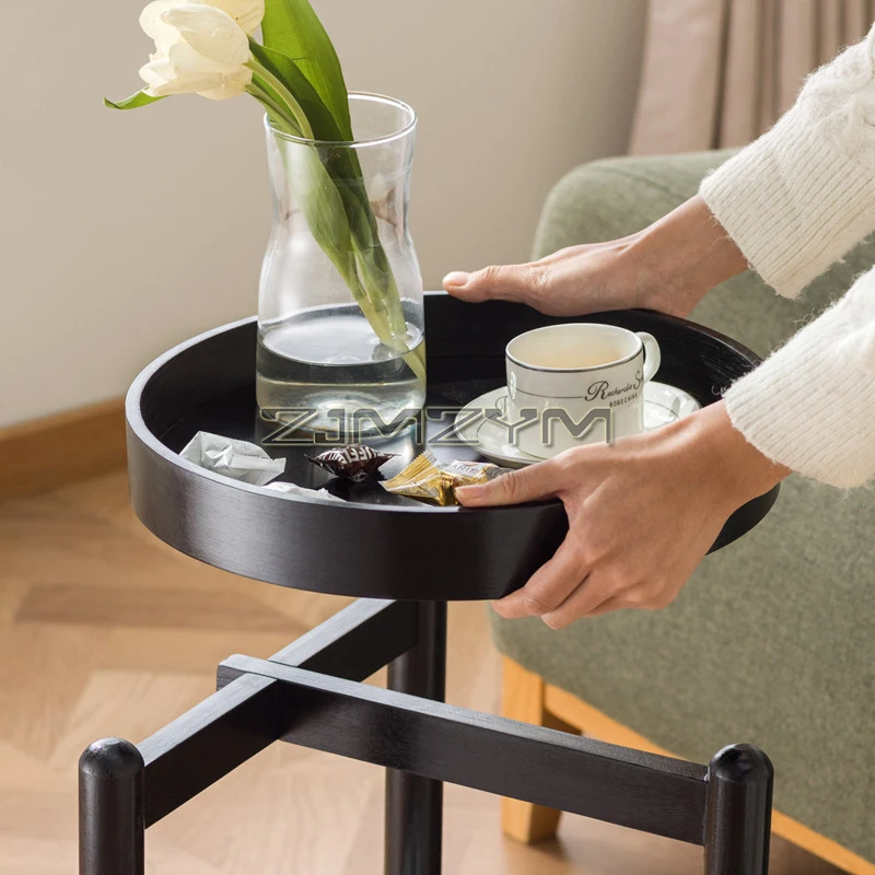 Side Table with Wheels, Round Side Table Small Bedside Nightstand with Removable Tray Top for Living Room, Bedroom, Black