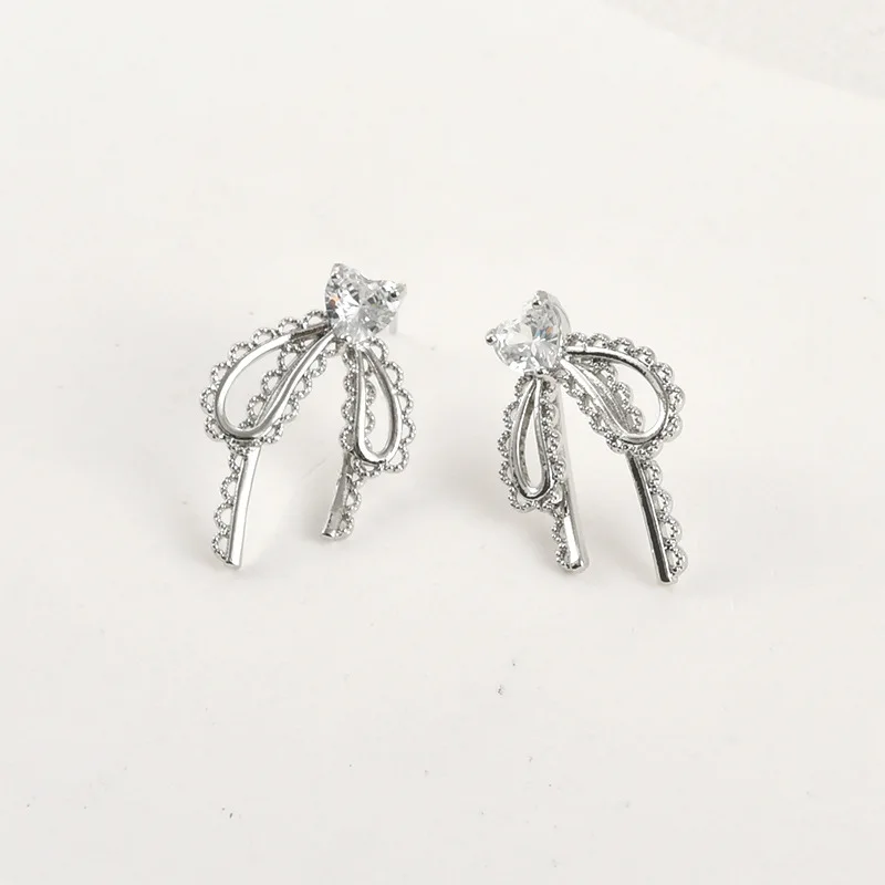 구리 도금 14k 골드 색상 보존 러브 지르콘 보우 스터드 귀걸이 DIY 수제 귀걸이 귀걸이