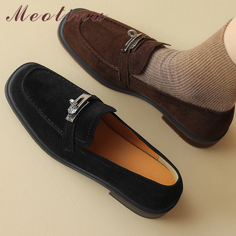 

Meotina Women Genuine Leather Loafers Round Toe Flats Sheepskin Metal Decoration Ladies Fashion Shoes Spring Autumn Brown Black