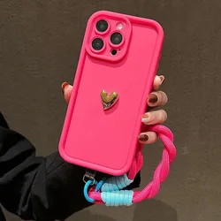 Chic Korean 3D Golden Love Heart Soft Case with Luxury Wrist Chain Strap - iPhone 15 Plus (Rose Red)