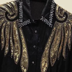 2024 Spring New Fashion Diamonds Sequined Shirts For Women Long Sleeve Loose Casual Shinny Party Black Blue Tops Blusas