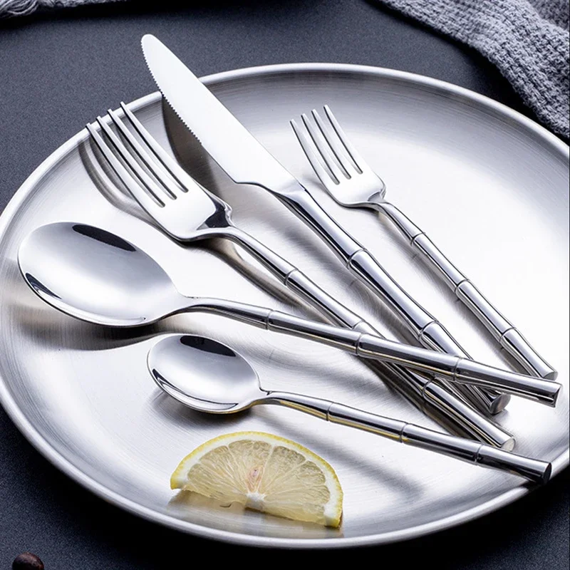Creative Cutlery Bamboo Handle 304 Stainless Steel Western Tableware Steak Forks Spoon Dinnerware Flatware Dishwasher Safe