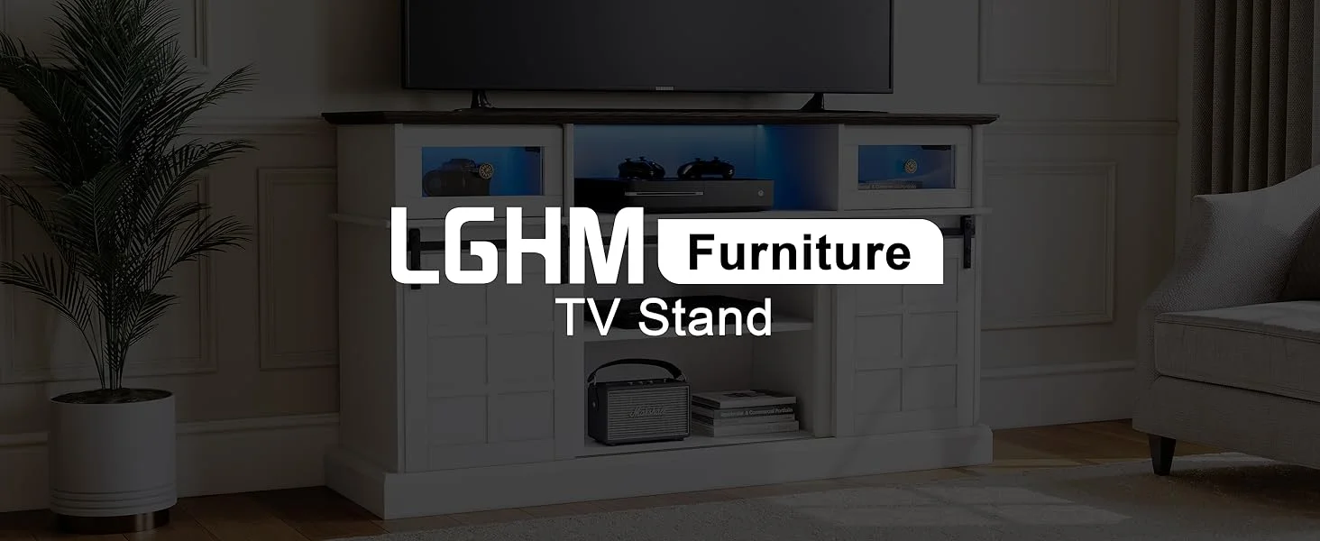 Description Picture 2 of itemLGHM Farmhouse TV Stand w/LED Light, White TV Stand for 65 inch TVs, Entertainment Center TV Cabinet Stands with Flip Drawers.
