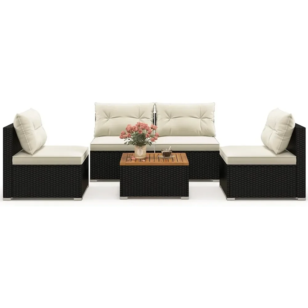 5 Piece Rattan Sofa Set, Patiojoy Outdoor Wicker Furniture Set with Seat & Back Cushions, Square Coffee Table, Garden Sofa Set 6