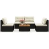 5 Piece Rattan Sofa Set, Patiojoy Outdoor Wicker Furniture Set with Seat & Back Cushions, Square Coffee Table, Garden Sofa Set 6