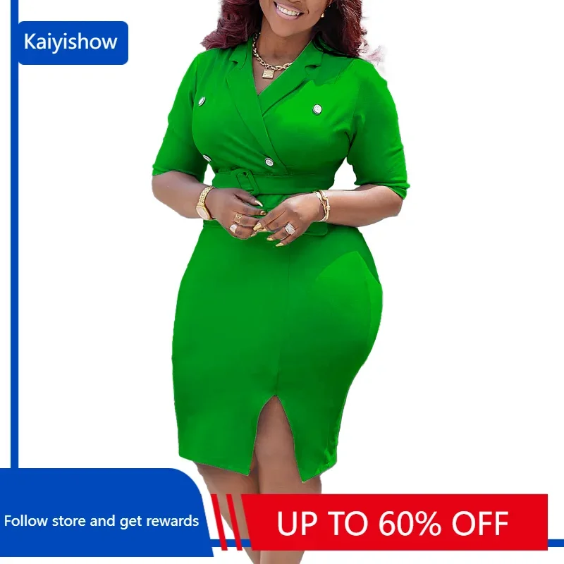 

Summer African Party Dresses for Women Elegant African V-neck 3/4 Sleeve Polyester Knee-length Dress African Dress With Belt