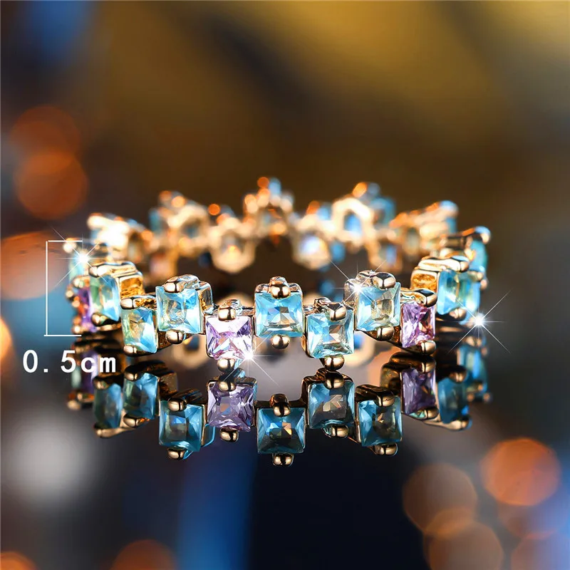 Cute Female Blue Purple Zircon Stone Square Engagement Ring Gold Color Wedding Jewelry For Women