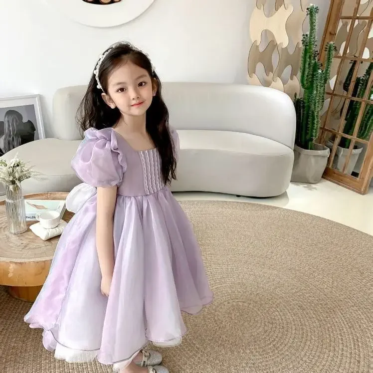 

2023 Girls Baby BIG Bow Puff Sleved Birthday Party Long Dress Kids Summer Fashion Princess Dresses Children Clothing 2-12age