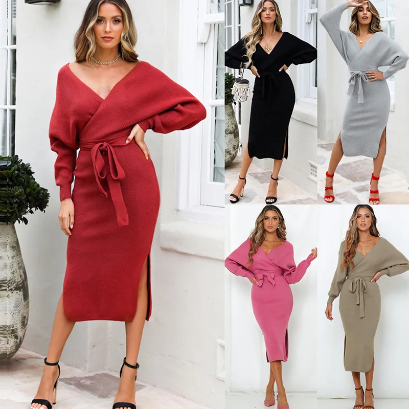 

2023 Black Dress Knitted Slim Fit V-Neck Woolen Dress for Women