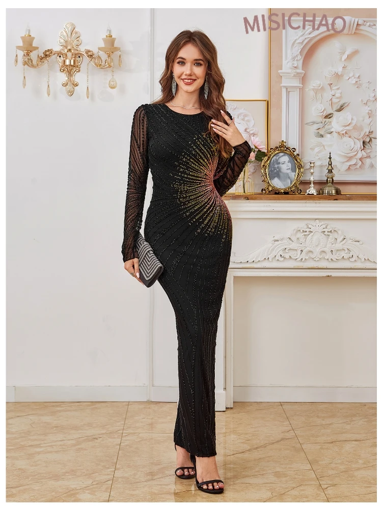 فستان سهرة أسود بترتر، ماكسي شبكي