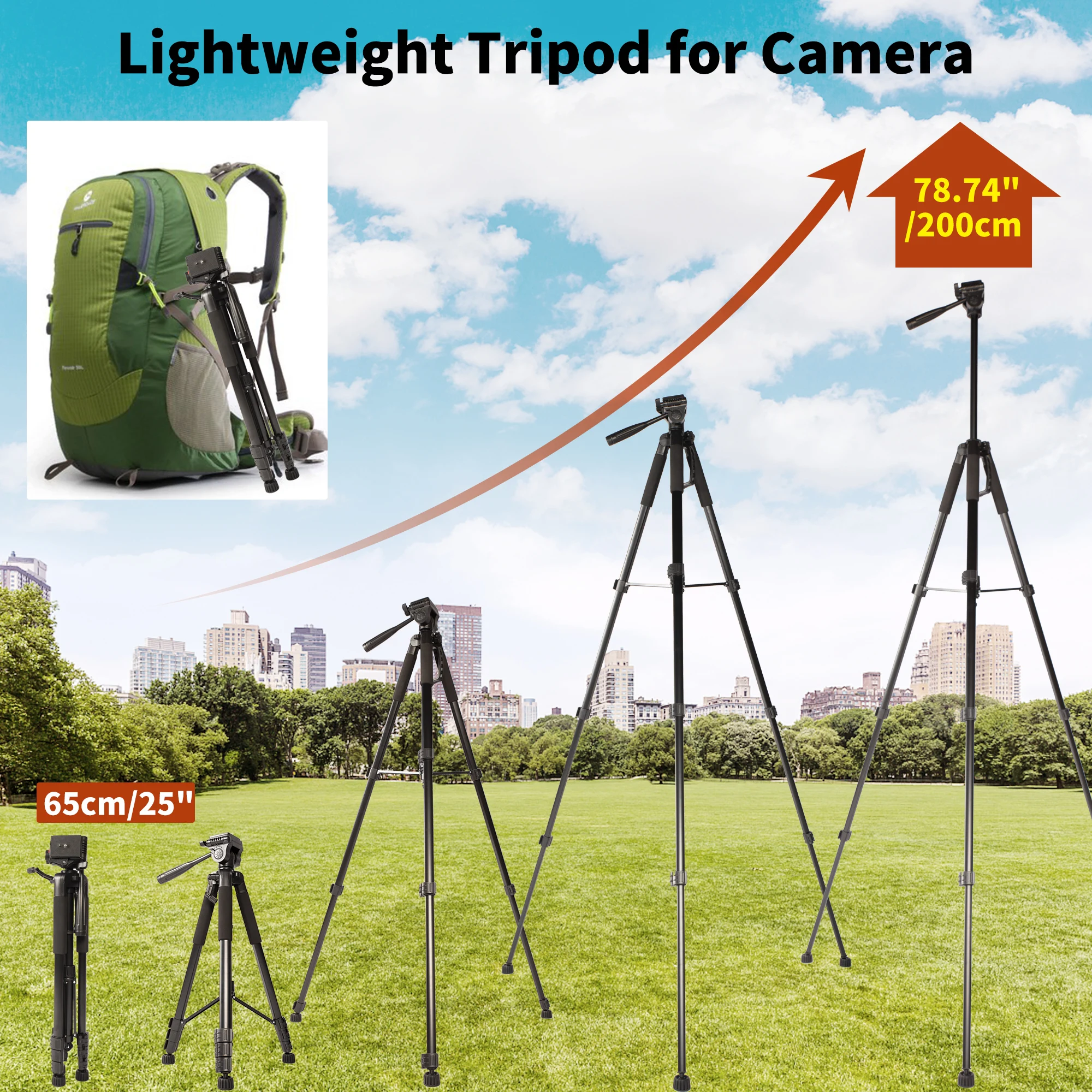 200cm 79in 높이 헤비 듀티 카메라 삼각대 스탠드 삼각대, 휴대용 전문 알루미늄, 팬 헤드 포함, DSLR 폰 링 라이트 용