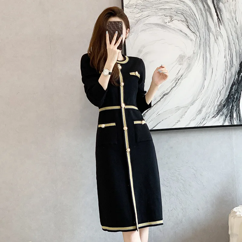 

High-end Luxury Women Long Sleeve Corset Wrap Fall Winter Elegant Bodycon Knitted Dress Ladies Pocket Design Vintage Tweed Dress