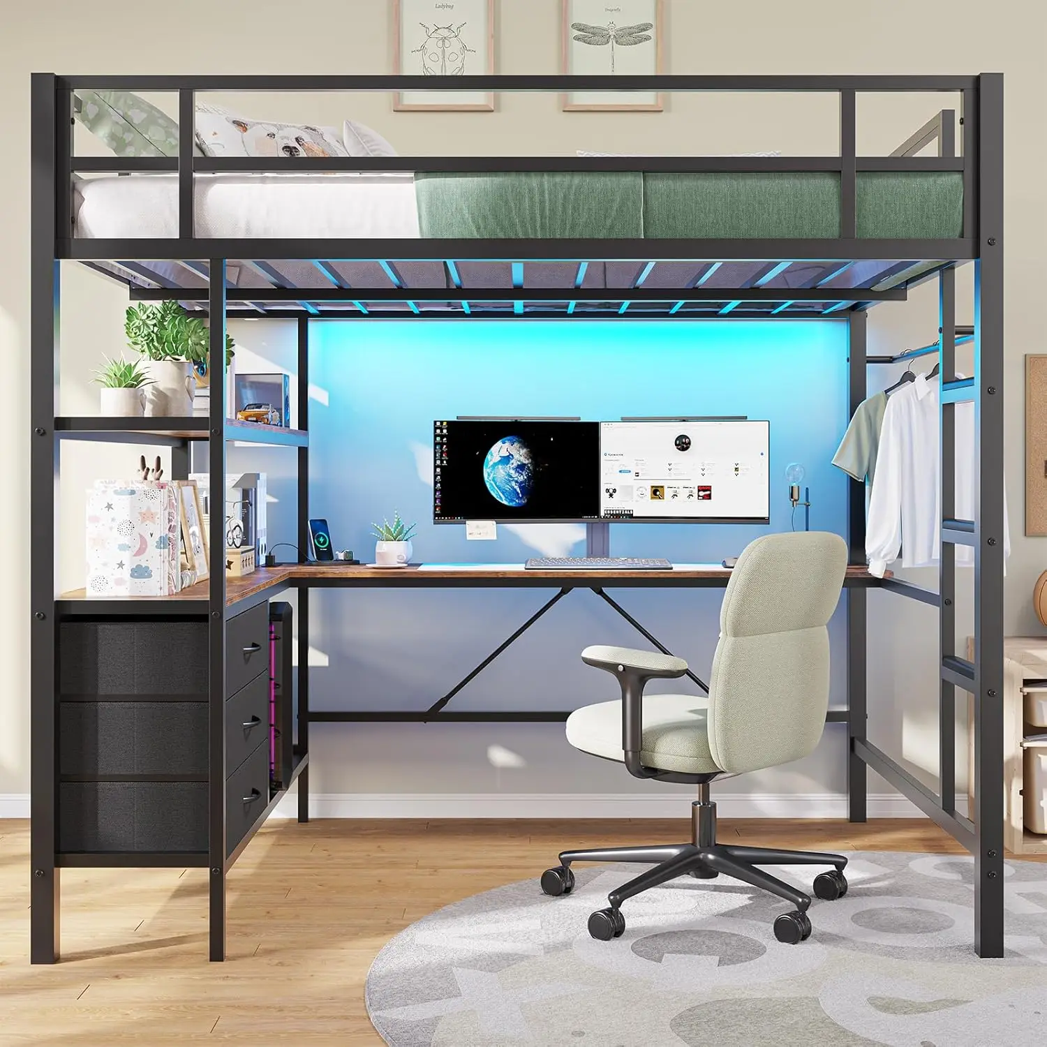 Loft Bed Full Size with L-Shaped Desk &Charging Station Full Metal Bed Frame with LED Lights,Open Shelves and 3 Fabric Storage
