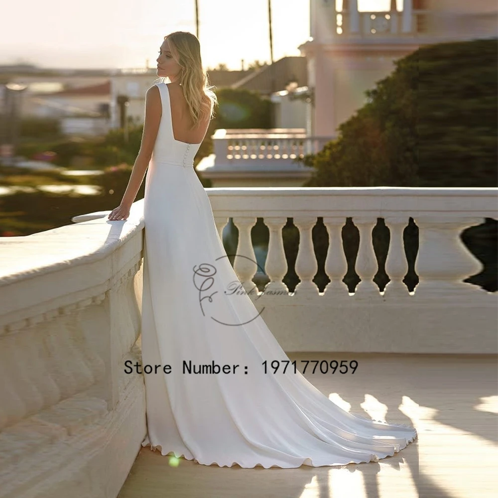 White Square Colla Wedding Dresses For Women High Side Split Sleeveless Belt Fashion Button Bride Gown Backless Robe de Mariée 2