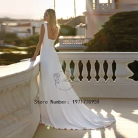 White Square Colla Wedding Dresses For Women High Side Split Sleeveless Belt Fashion Button Bride Gown Backless Robe de Mariée 2