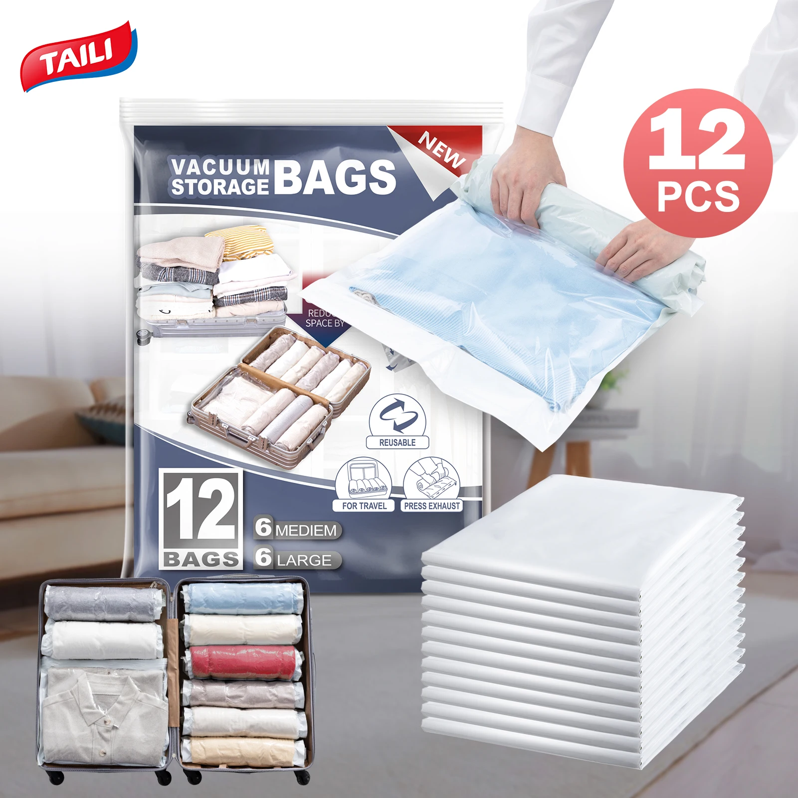 

TAILI Travel Vacuum Bags for Clothes for Rolling, 12 Pack Vacuum Roll Up Clothes Bags for Bedding, Blankets, Suitcases or Moving