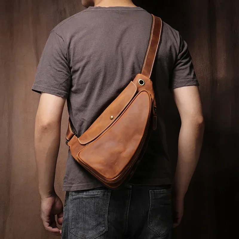

LUOKIR Vintage Crazy Horse Men's Chest Bag High Quality Genuine Leather Crossbody Bag Outdoor Hiking Sports Cowhide Sling Bags
