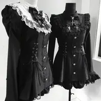 Y2k Aesthetic Lolita Style Bow Dress Shorts Set Japanese Women Gothic Lace Flare Sleeve Button Shirt Dress Punk Party Mini Dress - Image 2