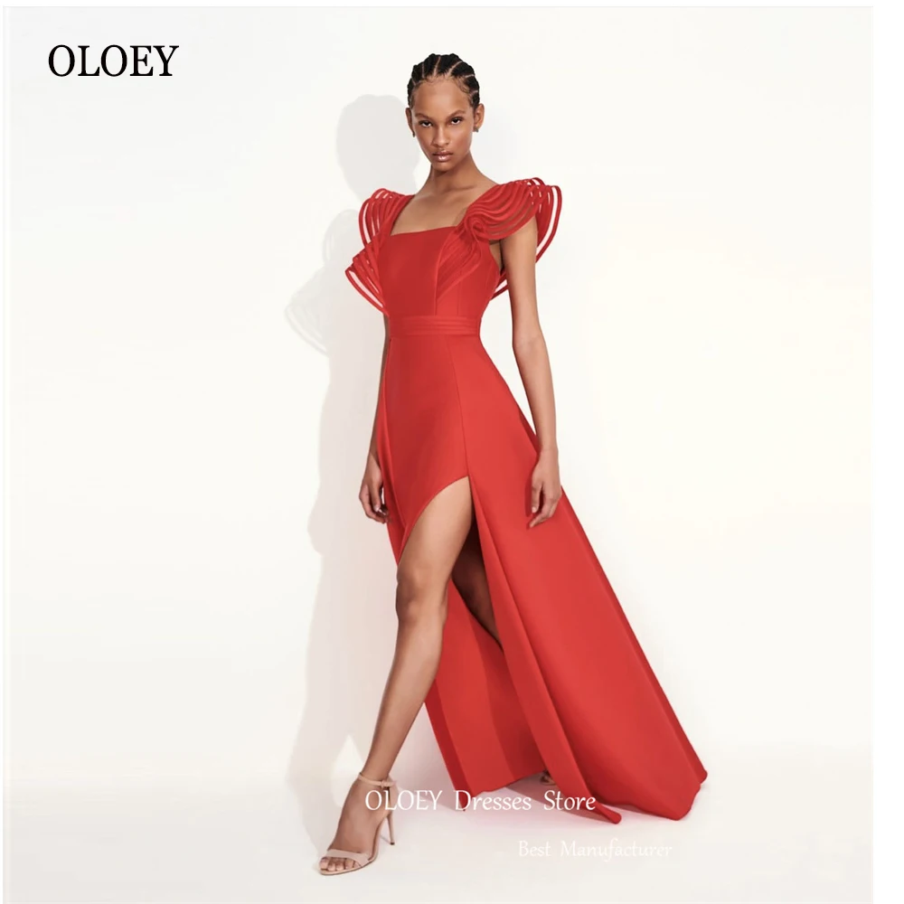 

OLOEY Red Satin Evening Dresses Square Neck Cap Sleeves Split Prom Gowns Formal Party Dress Sexy Backless Vestdo de fiesta