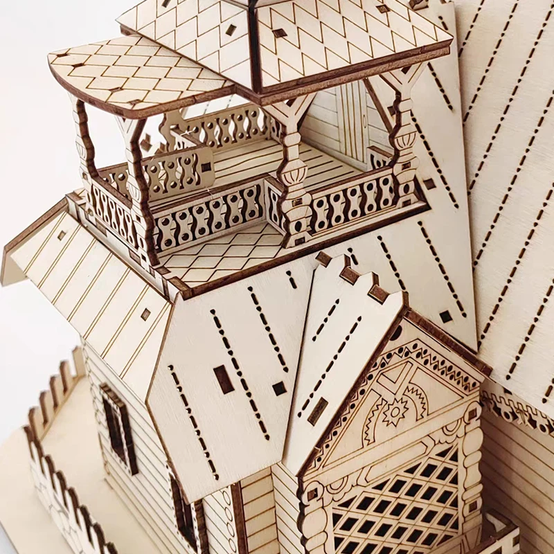 Sky-Blue Little House 3D Wooden Puzzle - 29 Piece Model Kit, No Glue Needed, Tabletop Decoration
