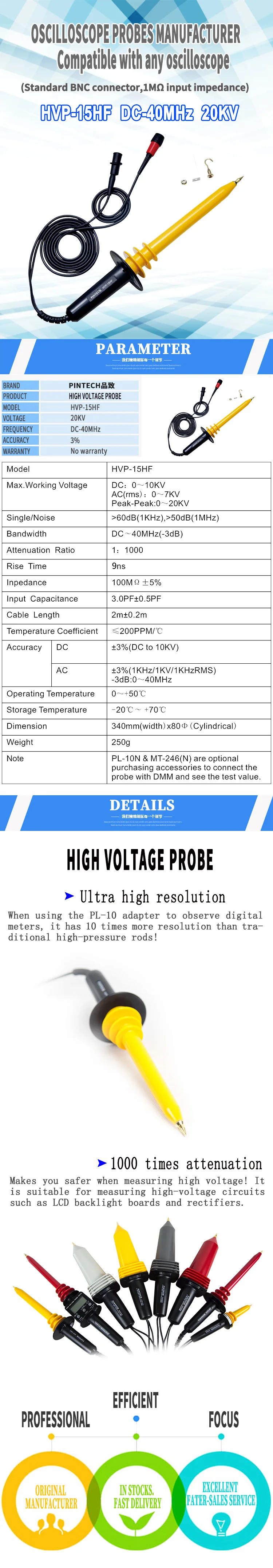 PINTECH High Voltage Probe 20kV, 40MHz, Multimeter Probe 1000:1 Attenuation Rati