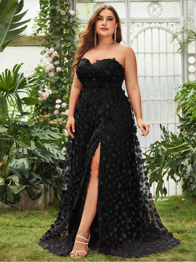 

S-7xl Chest-Wrapped Three-Dimensional Flower Mesh Wedding Black Evening Dress Plus Size Adult Ceremony Evening Dress For Women