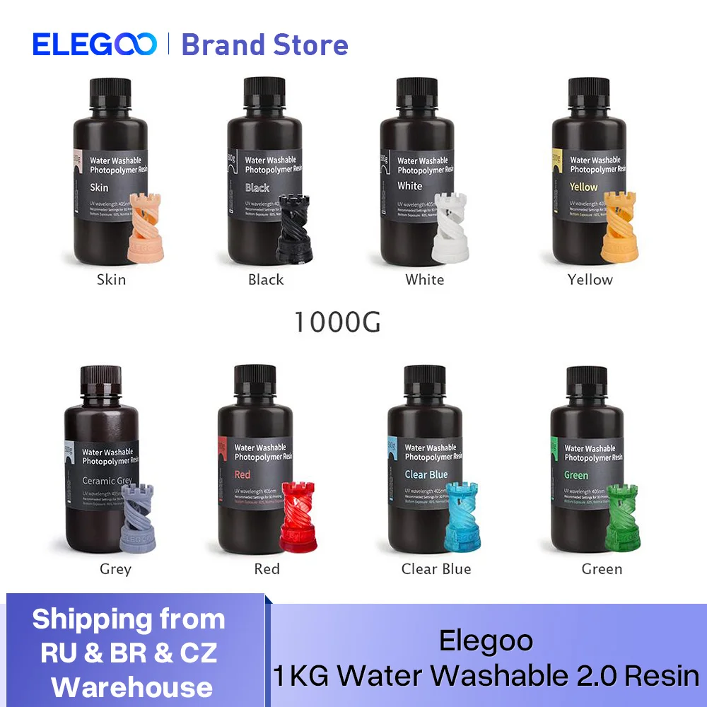 Résine d'impression 3D lavable à l'eau ELEGOO, résine LCD à polymérisation UV 405 nm, résine photopolymère standard pour impression 3D LCD, 1000 g, 8 couleurs