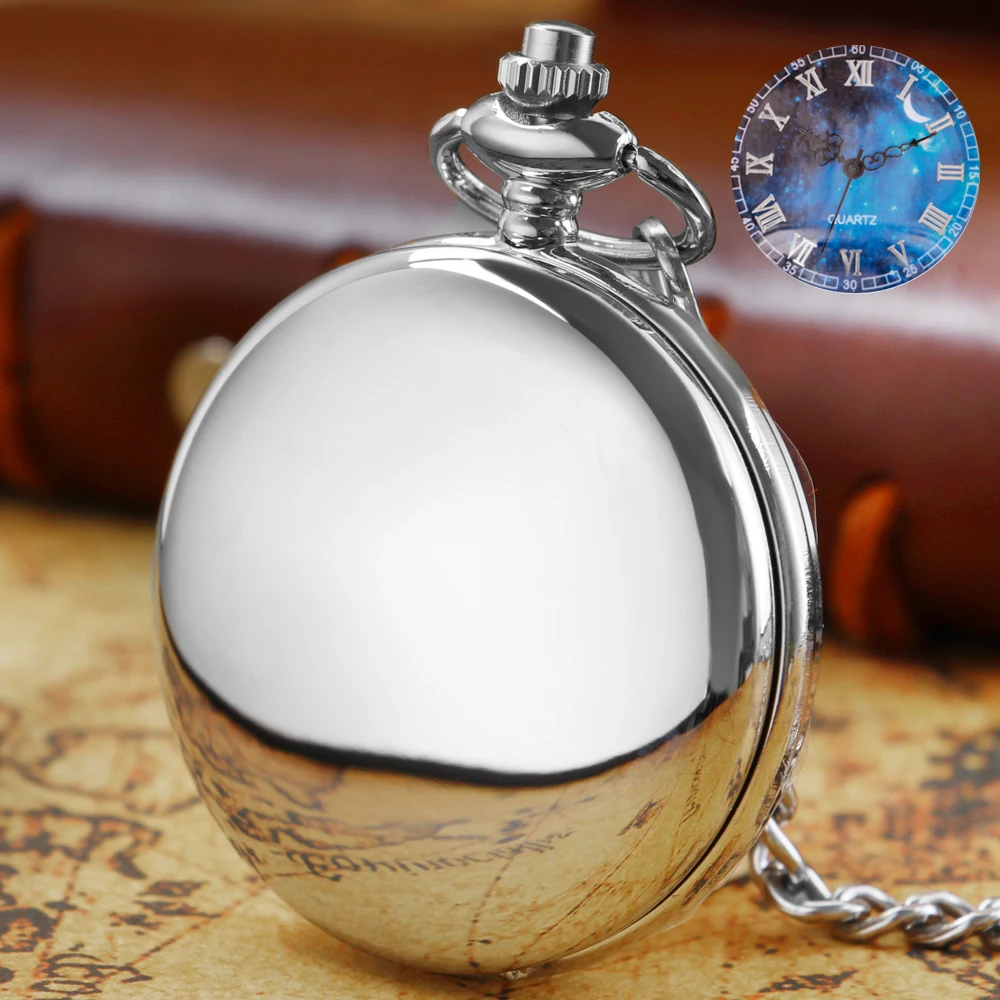 Fashion Starry Sky Blue Dial Quartz Pocket Watch Retro Smooth Face Analog Pocket Fob Watch Pendant Gift for Men Women quartz pocket watch necklace sport ball series rugby football creative watch pedent chain analog fob watch souvenir gift for men