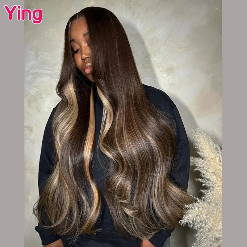 Ying Bruine Kleur #4 Honingblonde Gekleurde Peruaanse 13X6 Transparante Kant Voorkant Pruik Pretokkelde 200% Body Wave 13X4 Lace Front Pruik