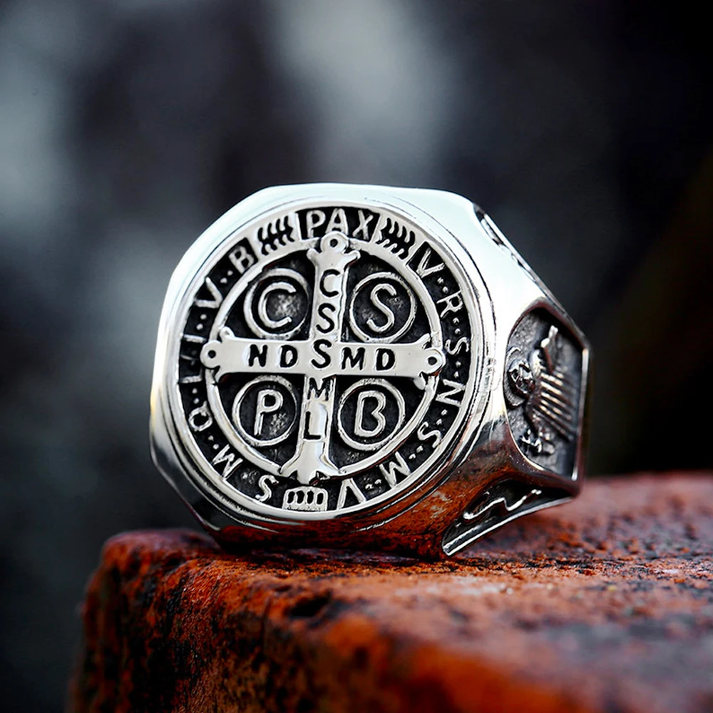 Vintage Exorcism Saint Benedict Cspb Cross Ring Men Punk Amulet Christianity Rings Stainless Steel Jewelry Gift Wholesale 3