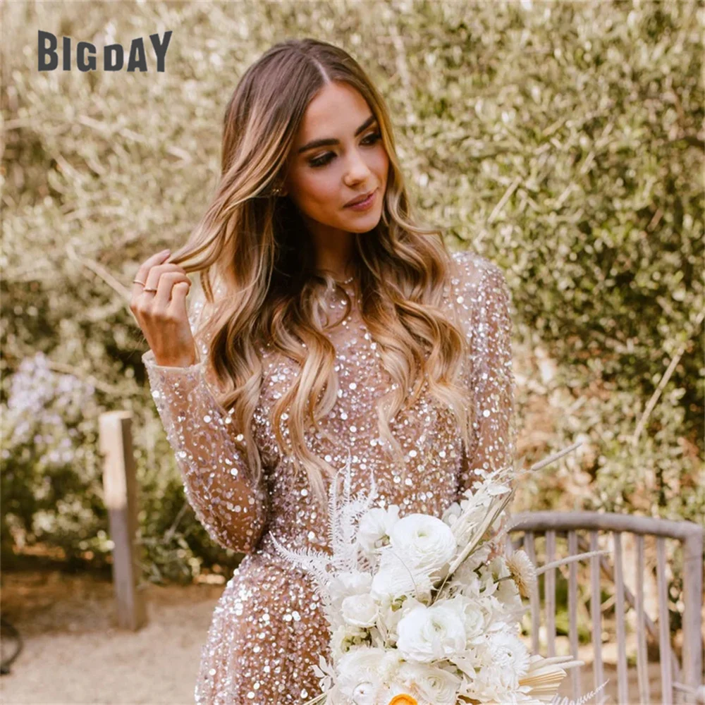 Glitter Long Sleeve Wedding Dresses 2025 Shiny Sequin O-Neck Open Back Bride Gown A-Line Open Back Vestidos De Novia Customized 6