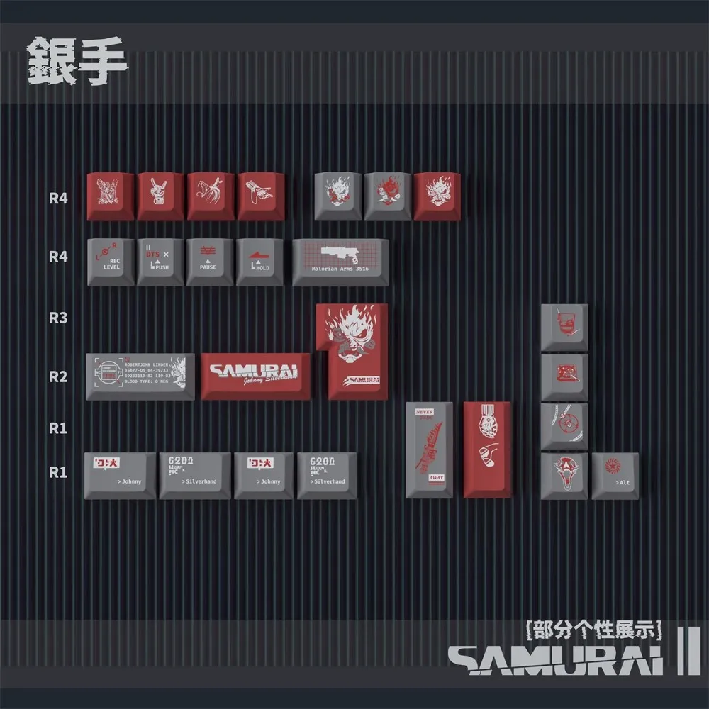 Samurai Silverhand Teclas Pbt Russo Japonês Cherry Perfil Keycap 61 64 68 75 84 96 98 143 Teclas por Conjunto Sbpk 2077 - Imagem 2