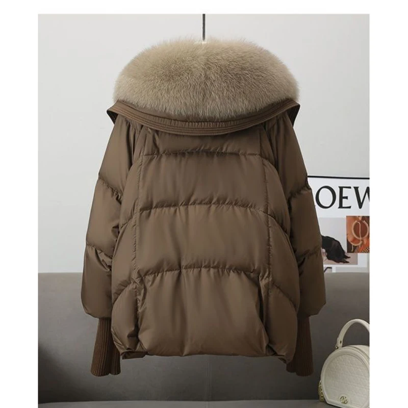 Winter New Fur Collar Puffer Down Parka Loose Down Warmer Thicken Snow Jacket Pocket Zipper Faux Fur Outerwear Female 2