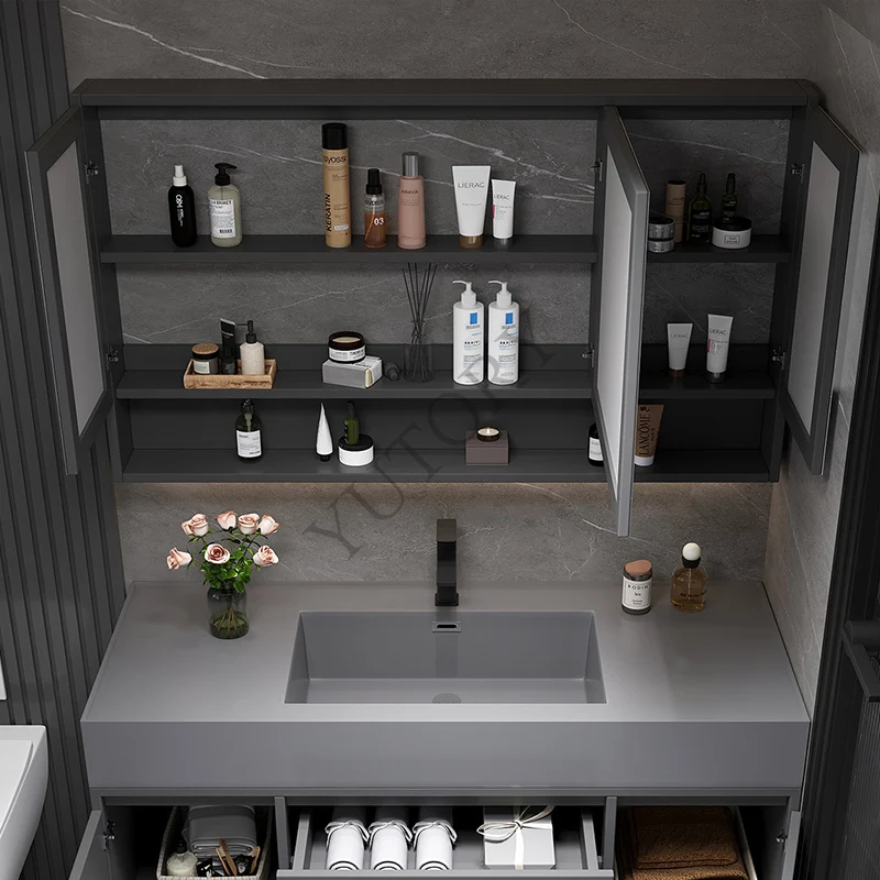 Solid wood smart bathroom mirror cabinet with lamp storage toilet defogging bathroom mirror wall-mounted type with rack