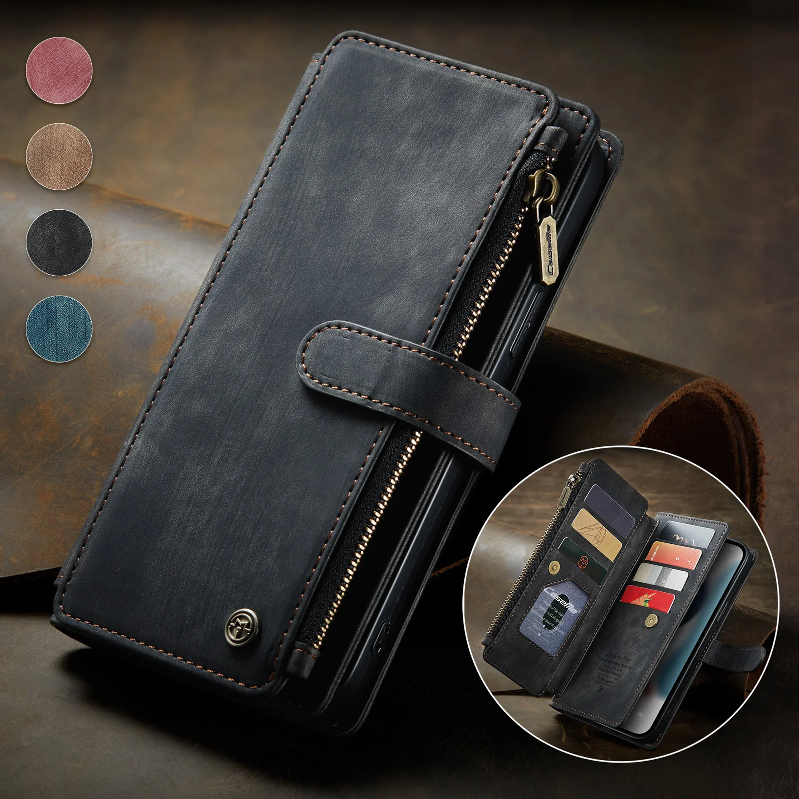 Zipper Wallet Flip Phone Case For iPhone 15 14 13 12 Mini 11 Pro XS Max XR X 8 7 Plus Purse Card Holder Stand Leather Cover