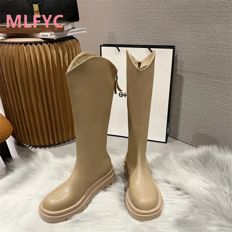 Women's Spring and Autumn New Versatile High Sleeve Boots with Back Zipper Up To Knee Length Mid Sleeve Boots Black Boots Mujer