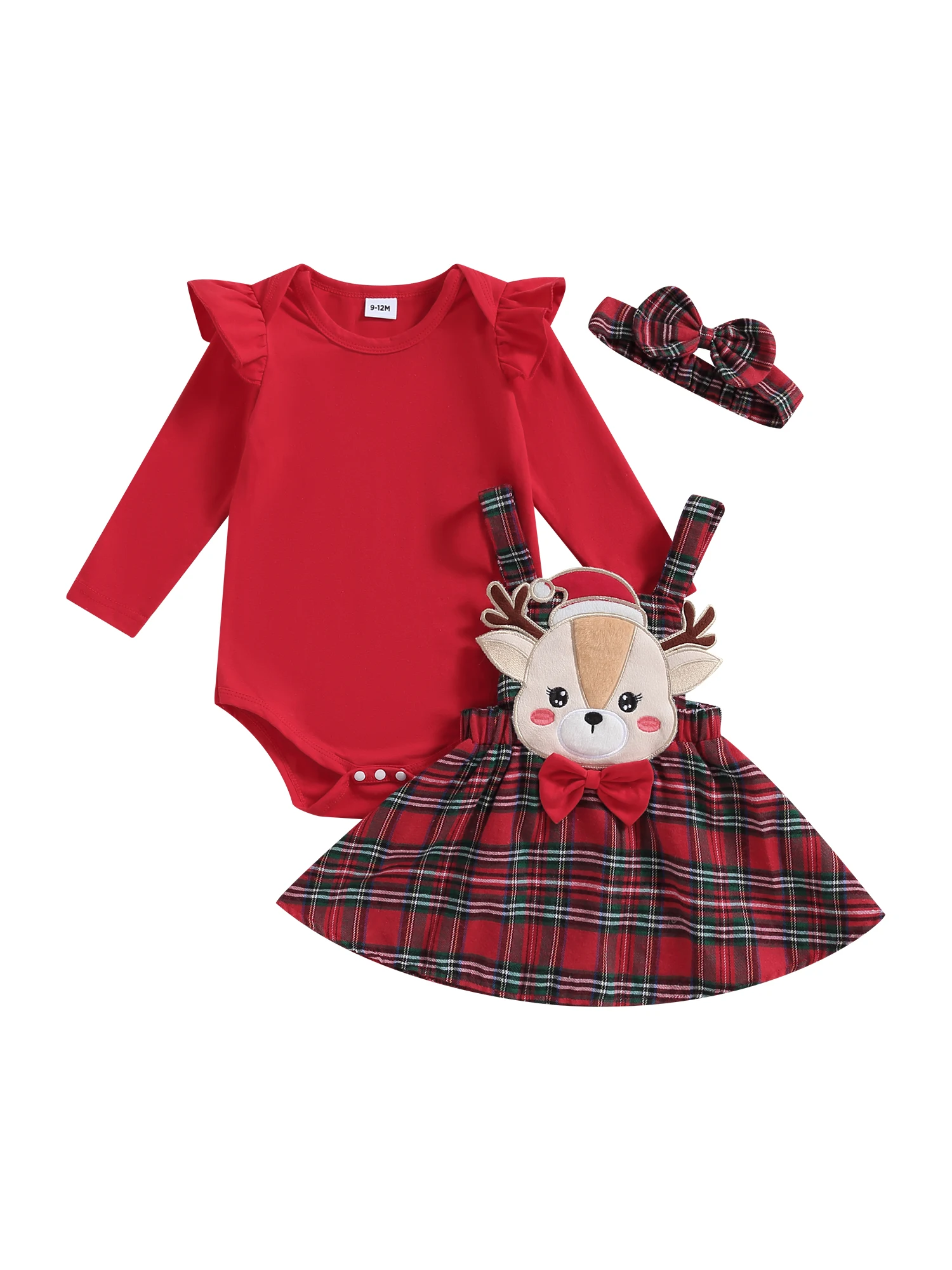 BabyGirlChristmasOutfitRedPlaidDresswithReindeerAppliquand