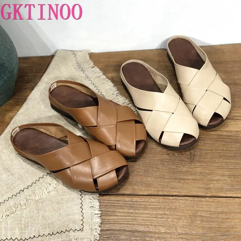 

GKTINOO Nostalgic cowhide woven handmade women sandals leather slippers flat bottom breathable health summer shoes lefus muller