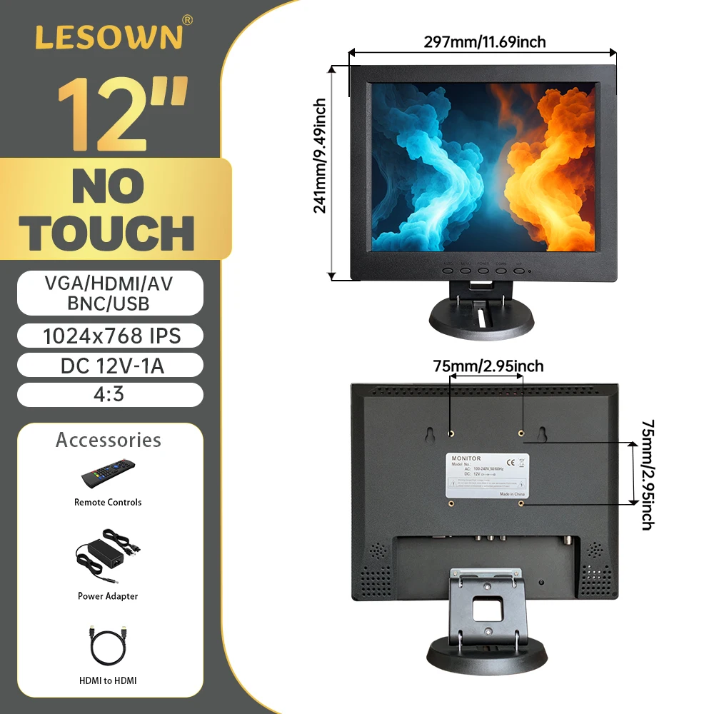LESOWN 1366x768 IPS Industrial Display 12 inch LCD Screen VGA HDMI AV Input 4:3 VESA Field Video Assist Monitor for DSLR Camera
