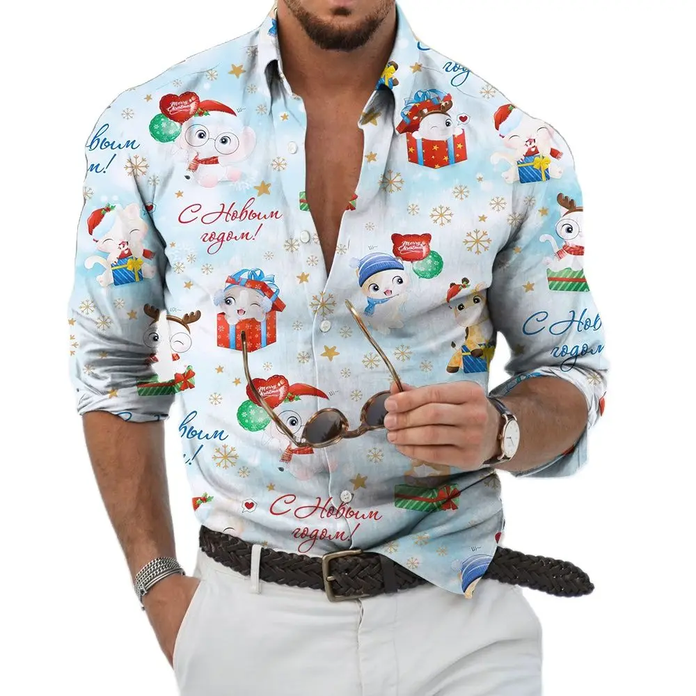 2023Christmas Shirts 3D Printed Xmas Long Sleeve Blouse Holiday Party Tops Oversized T Shirt for Men Clothes Harajuku Shirt