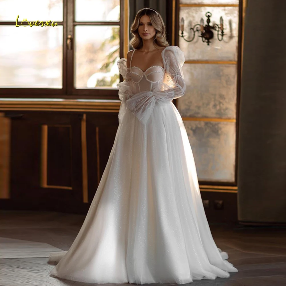 

Loverxu A-Line Graceful Wedding Dresses 2024 Scalloped Long Sleeve Vestido De Novia Lace Embroidery Glitter Robe De Mariee