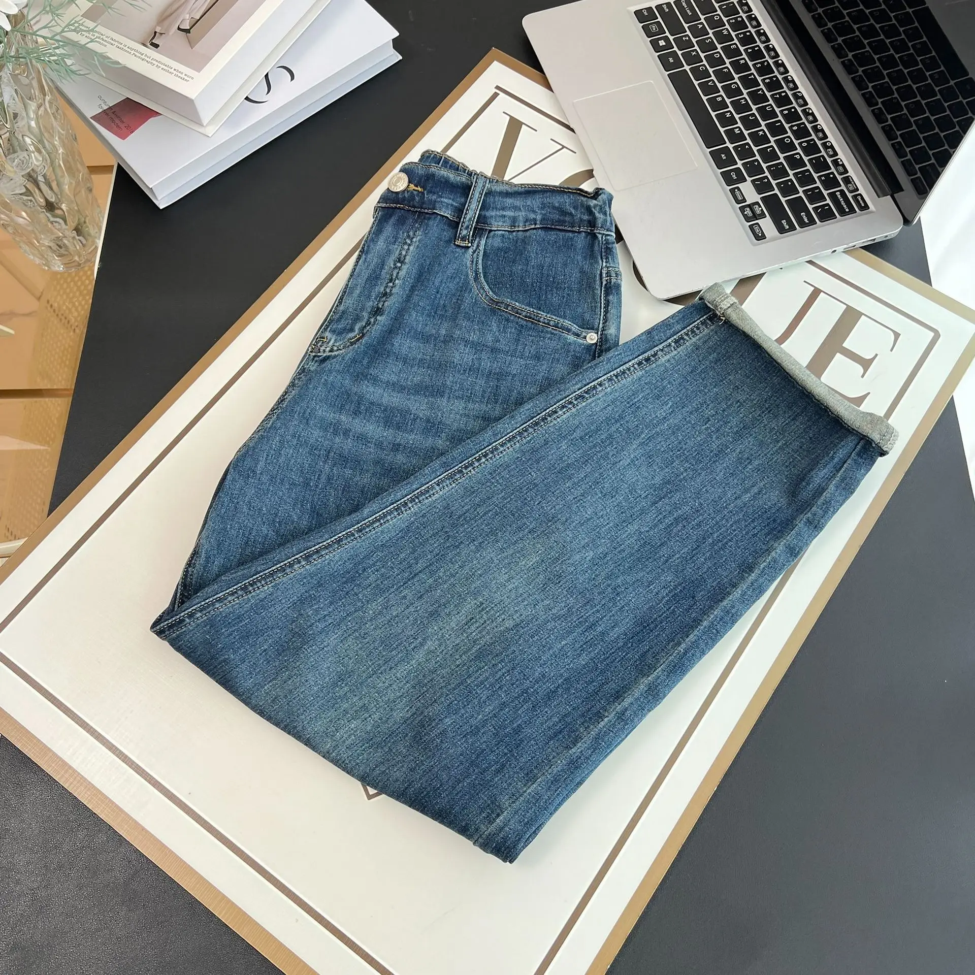 Premium Jeans 100KG Plus Size Women's Simple And Casual Double Button Thin Denim Harem Pants 5339