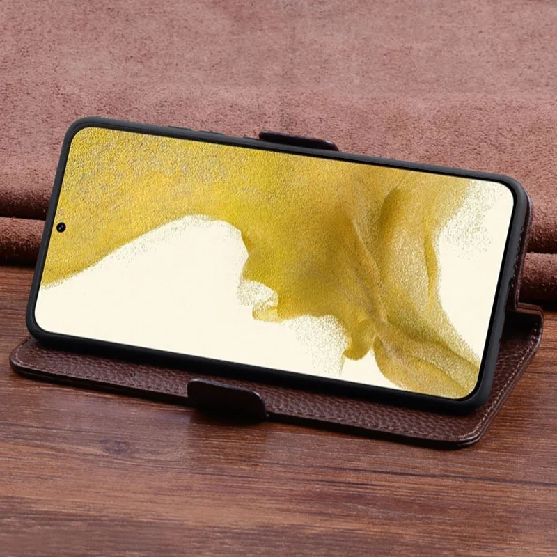 Luxury Lich Genuine Leather Flip Phone Case For Samsung Galaxy S22 Plus Ultra Real Cowhide Leather Shell Full Cover Pocket Bag