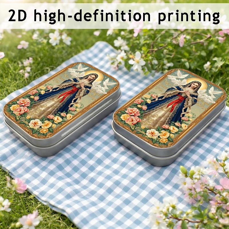 2D 프린팅 성모 마리아와 비둘기 꽃 무늬 다용도 철제 상자 (보석, 블록, 카드, 머리핀 보관용) - F를 위한 완벽한 축제 선물