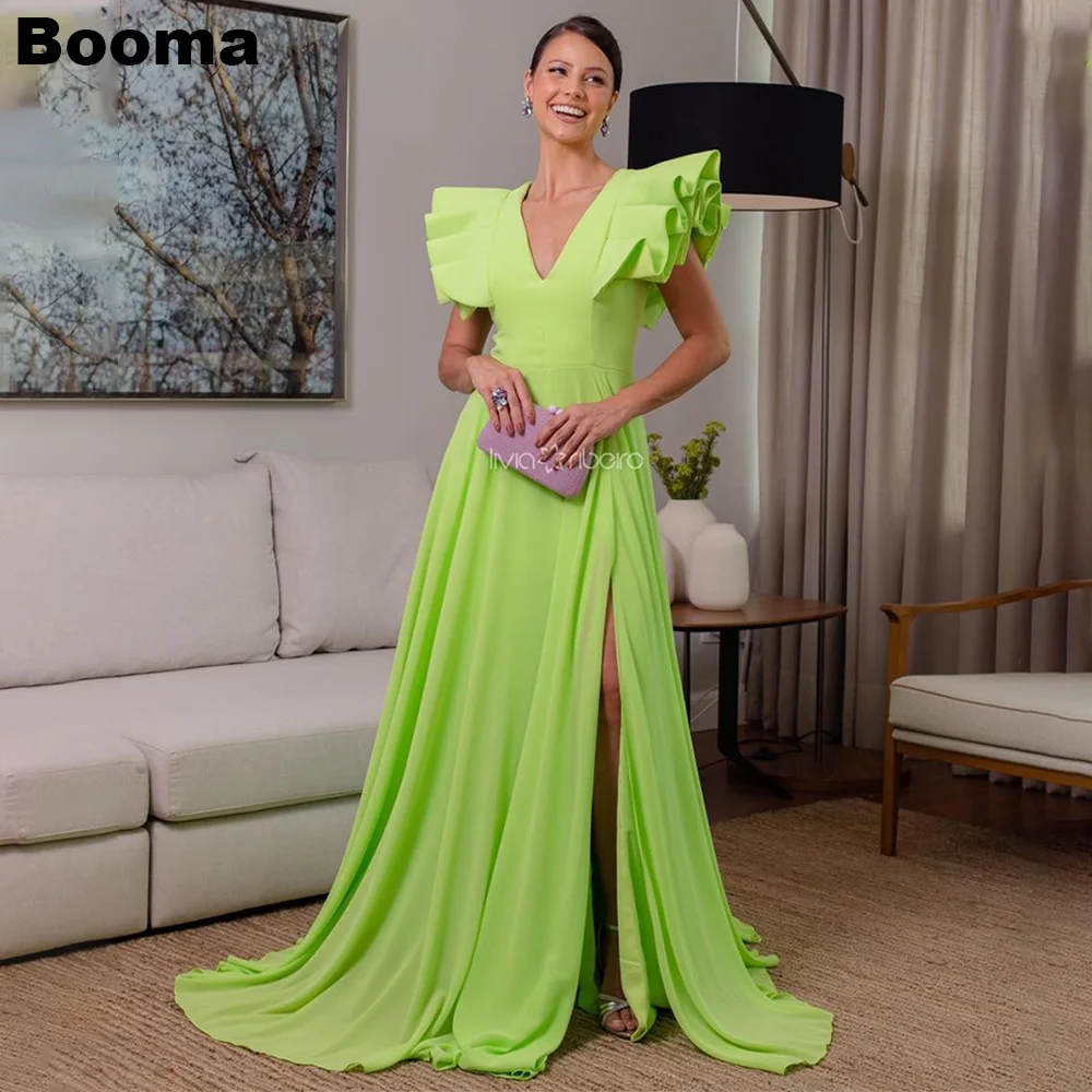 

Booma Green A-Line Evening Dresses V Neck Crape Ruched Formal Occasion Dresses for Women High Side Slit Party Prom Gowns