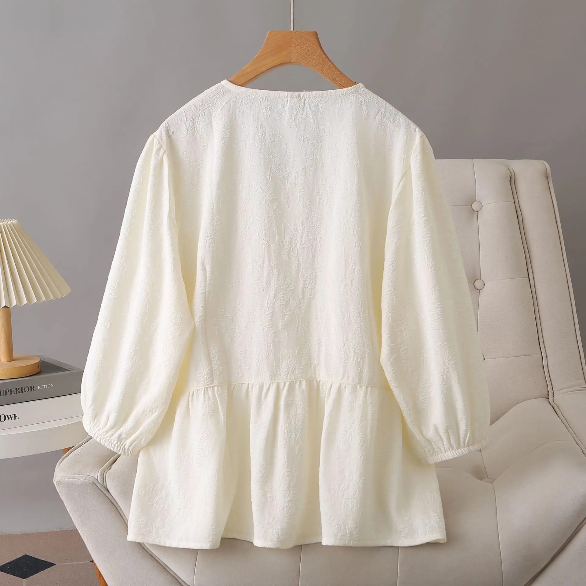 Plus Size Women's Blouses Autumn New Simple And Casual Jacquard Patchwork V-Neck Shirt 1200